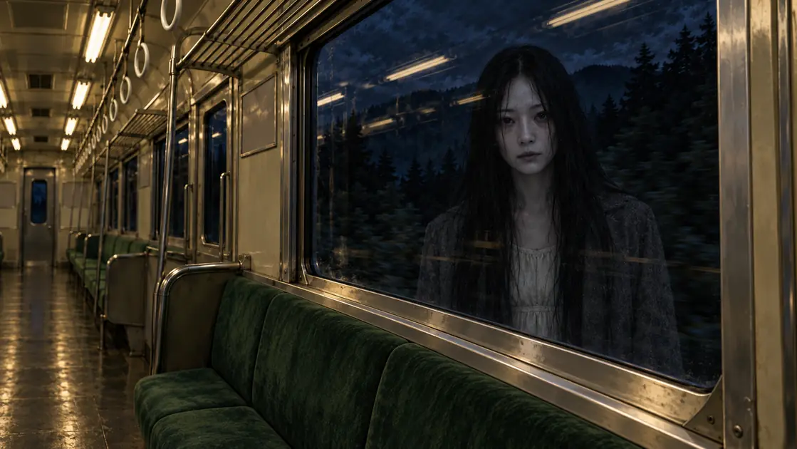 走る電車の閉じた窓の外に立つ、長い黒髪と灰色のコートの女