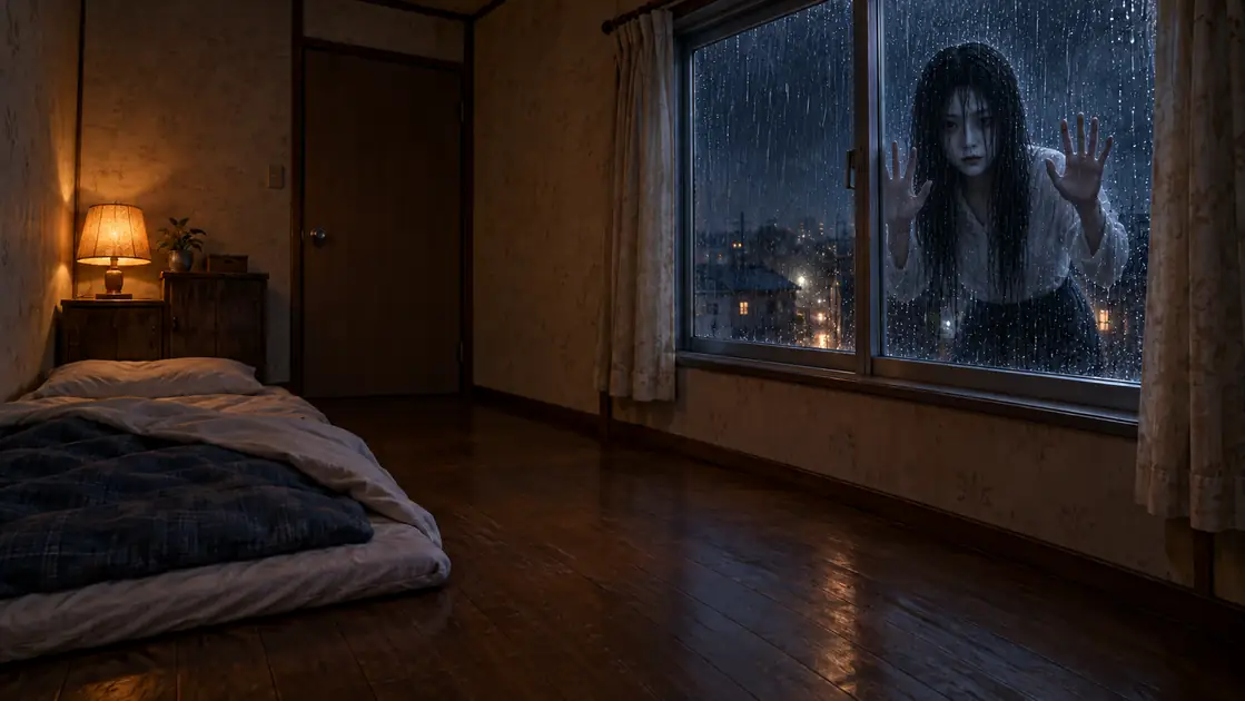 三階の閉じた雨窓の外に、濡れた長髪の女の顔と両手が浮かんでいる